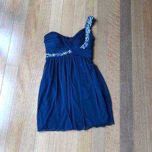 Navy blue chiffon and rhinestone short dress